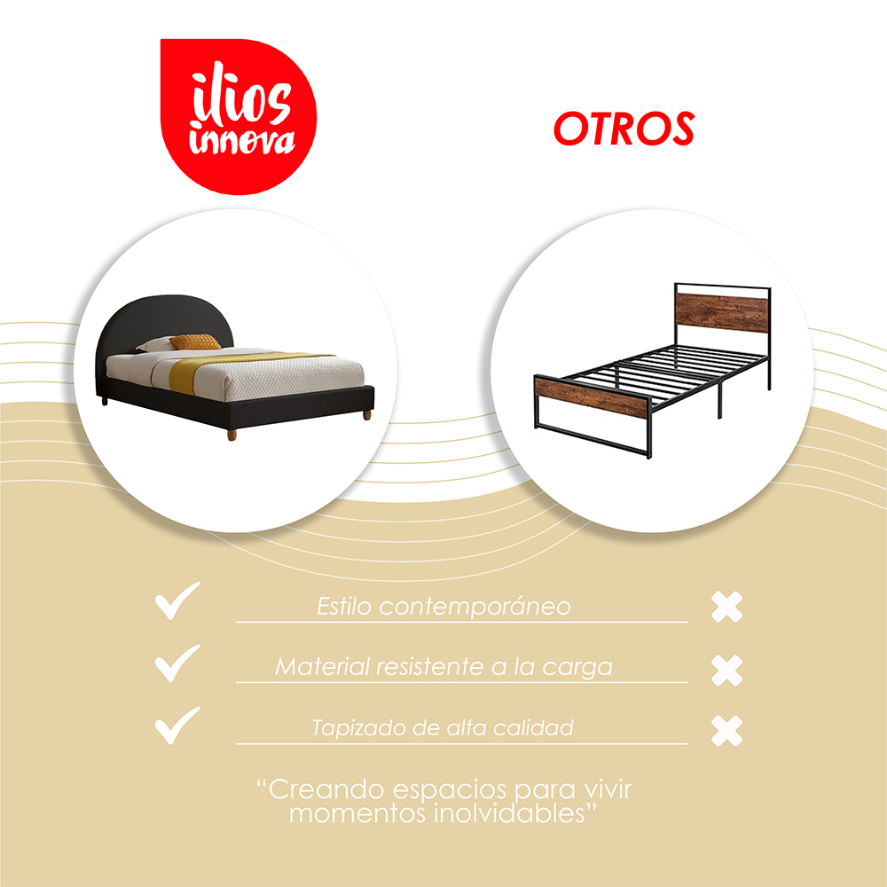 Base Con Cabecera Cama-9572 de Madera Matrimonial Color Negro