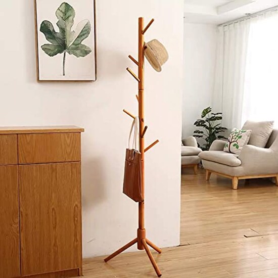 Perchero de madera minimalista estilo oriental de pie con 8 ganchos (Nogal)