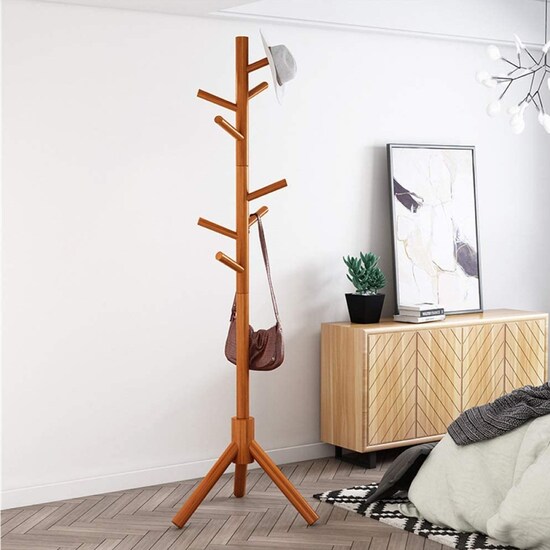 Perchero de madera minimalista estilo oriental de pie con 8 ganchos (Nogal)