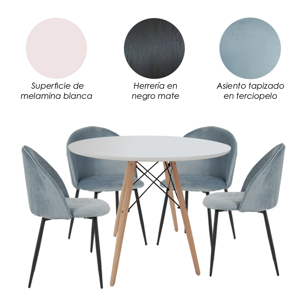 Mesa Comedor Redonda Oslo blanca con 4 sillas Rolet