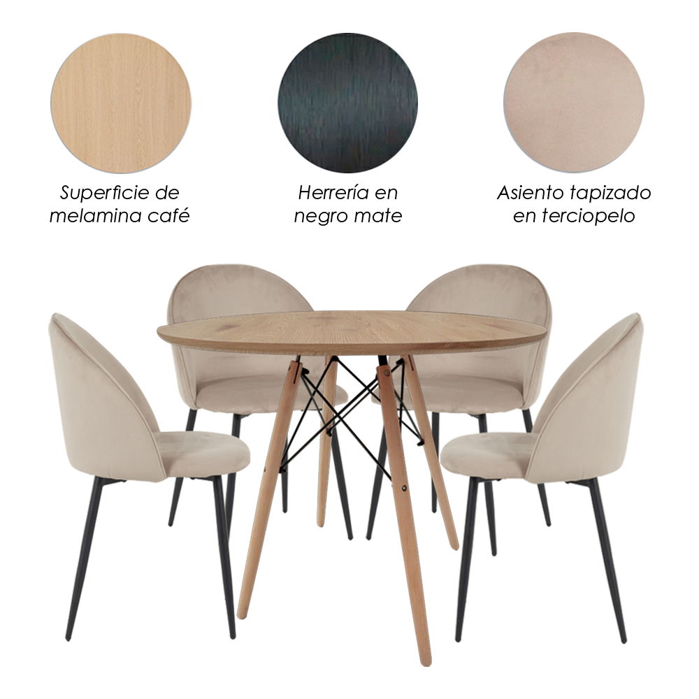 Mesa Comedor Redonda Oslo Madera con 4 sillas Rolet