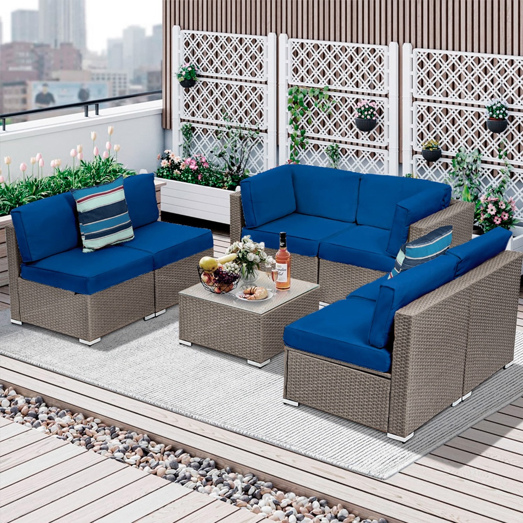 Juego de sala esquinera para jardín de mimbre exteriores para 6 Azul Marino