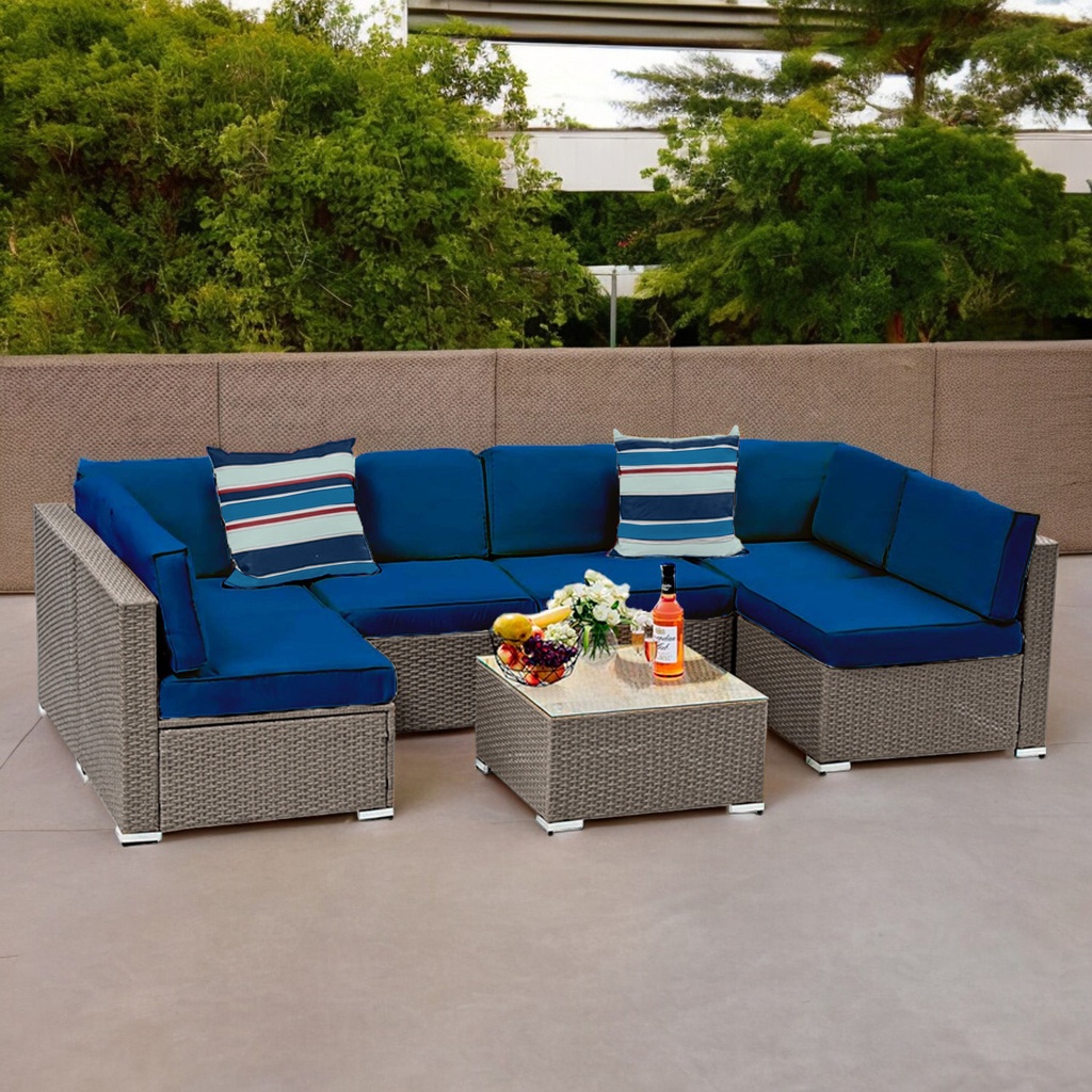 Juego de sala esquinera para jardín de mimbre exteriores para 6 Azul Marino