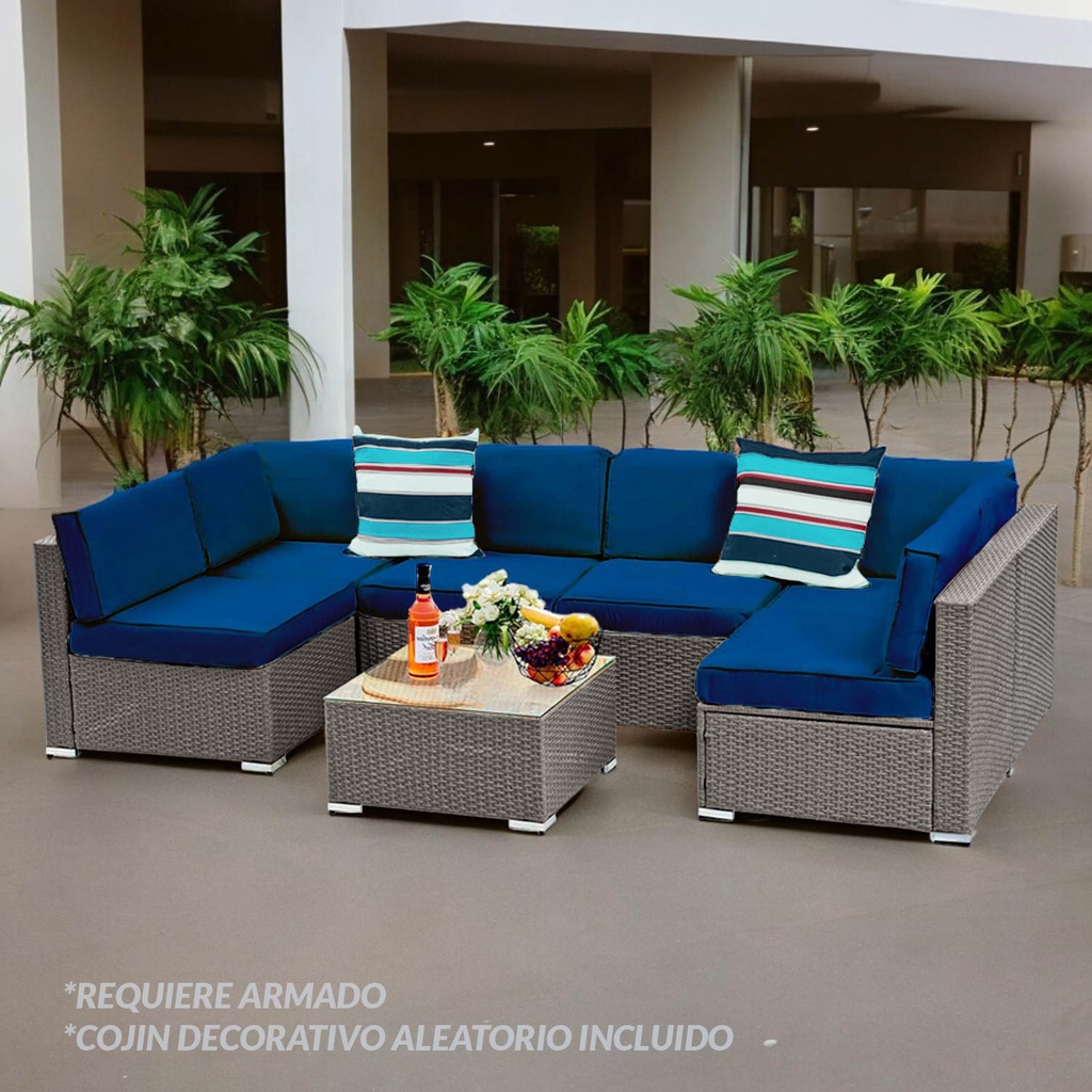 Juego de sala esquinera para jardín de mimbre exteriores para 6 Azul Marino