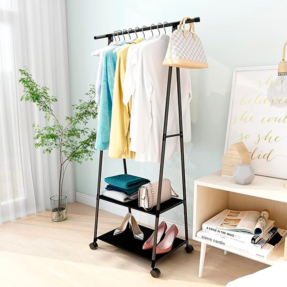 Perchero de Ropa Multifuncional con Ruedas para Dormitorio Negro