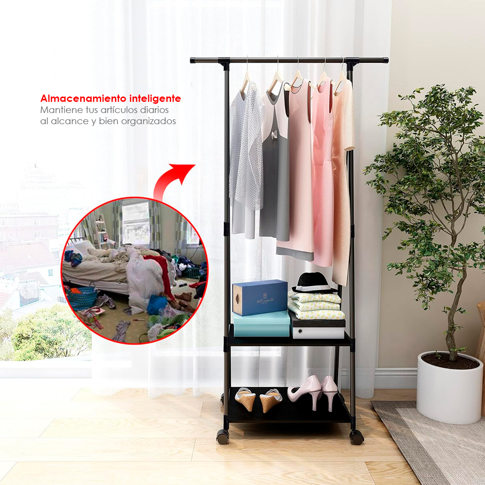 Perchero de Ropa Multifuncional con Ruedas para Dormitorio Negro
