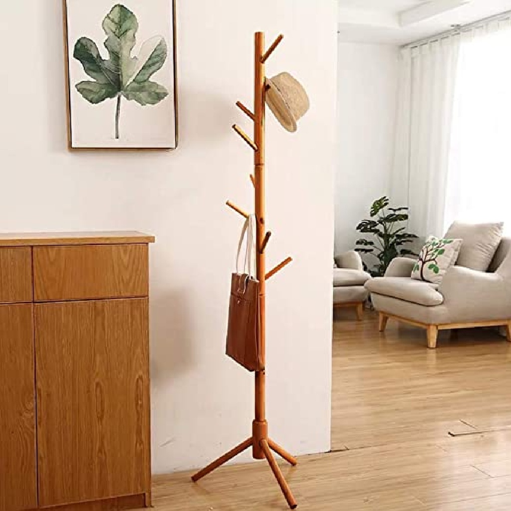 Perchero de madera minimalista estilo oriental de pie con 8 ganchos  (Nogal)