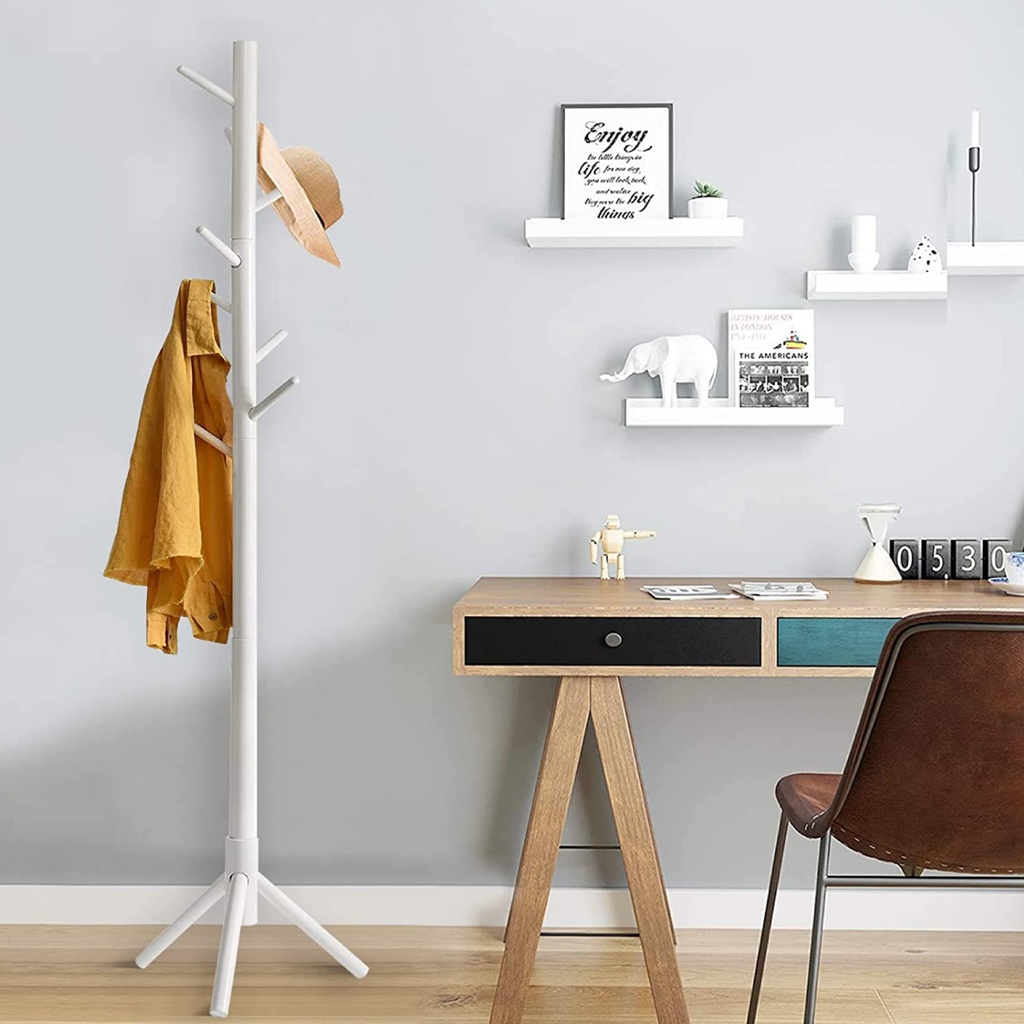 Perchero de madera minimalista estilo oriental de pie con 8 ganchos (Blanco)