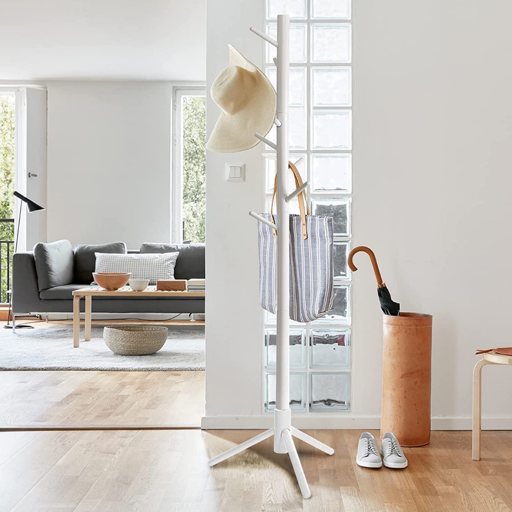 Perchero de madera minimalista estilo oriental de pie con 8 ganchos (Blanco)