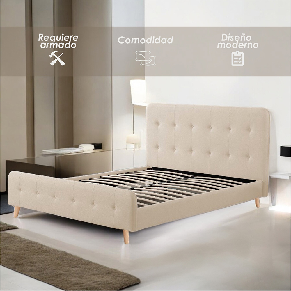 Base Con Cabecera Cama-578 de Madera King Lino Color Beige