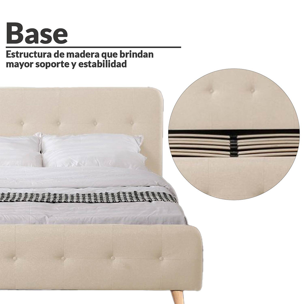 Base Con Cabecera Cama-578 de Madera King Lino Color Beige