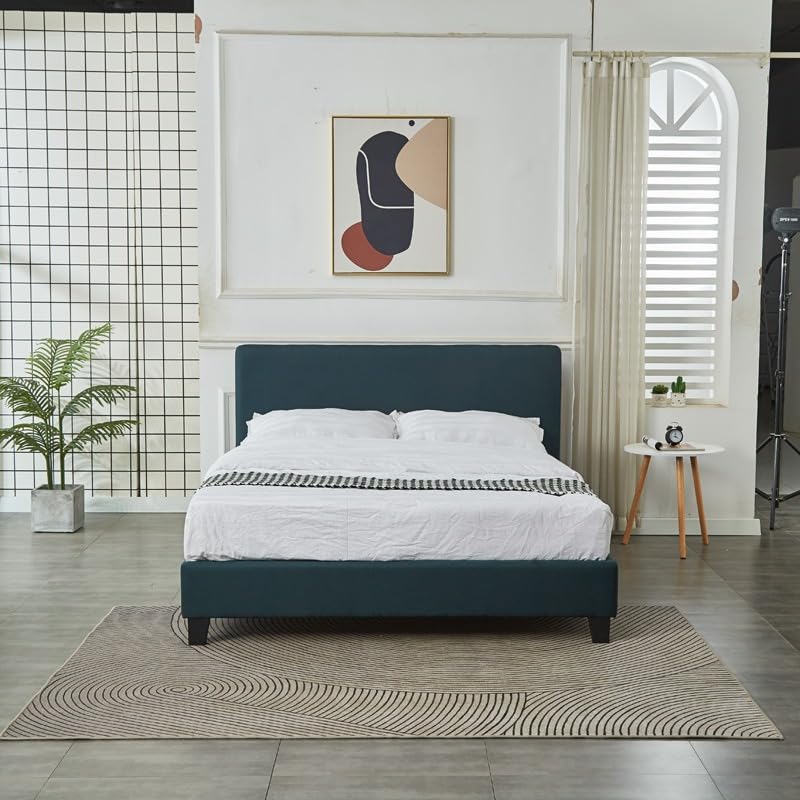 Base Con Cabecera Cama-P1004 de Madera Queen Lino Color Verde