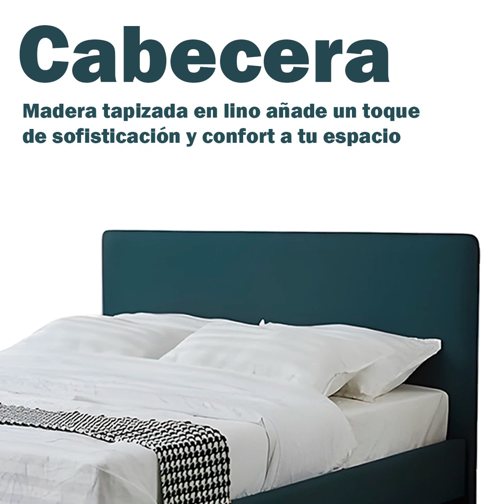 Base Con Cabecera Cama-P1004 de Madera Queen Lino Color Verde