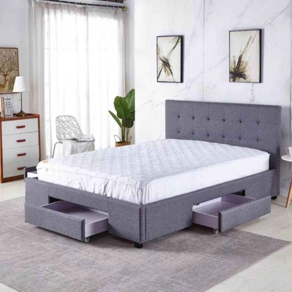 Base Con Cabecera Cama-PD054 de Madera King Lino Color Gris