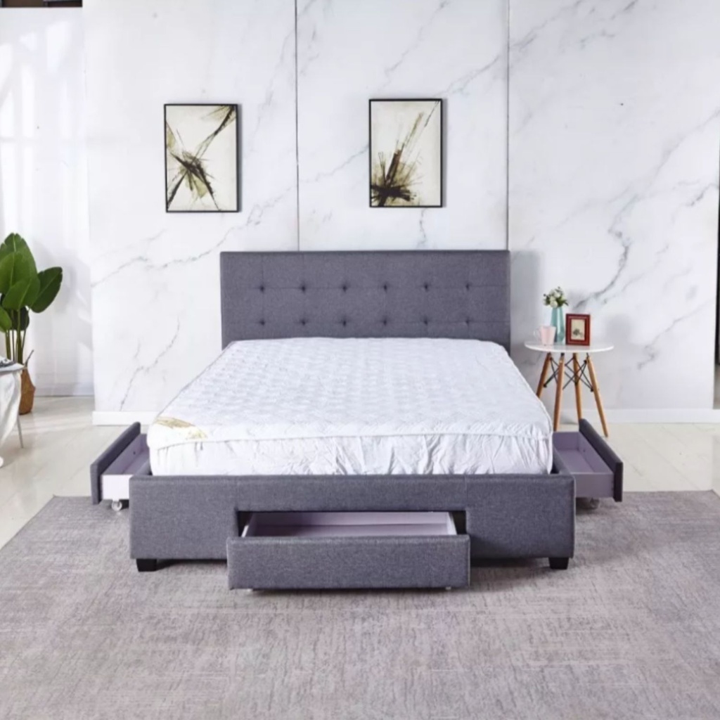 Base Con Cabecera Cama-PD054 de Madera King Lino Color Gris
