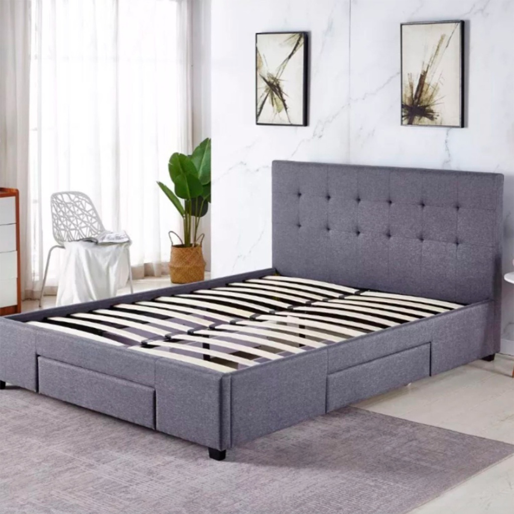 Base Con Cabecera Cama-PD054 de Madera King Lino Color Gris