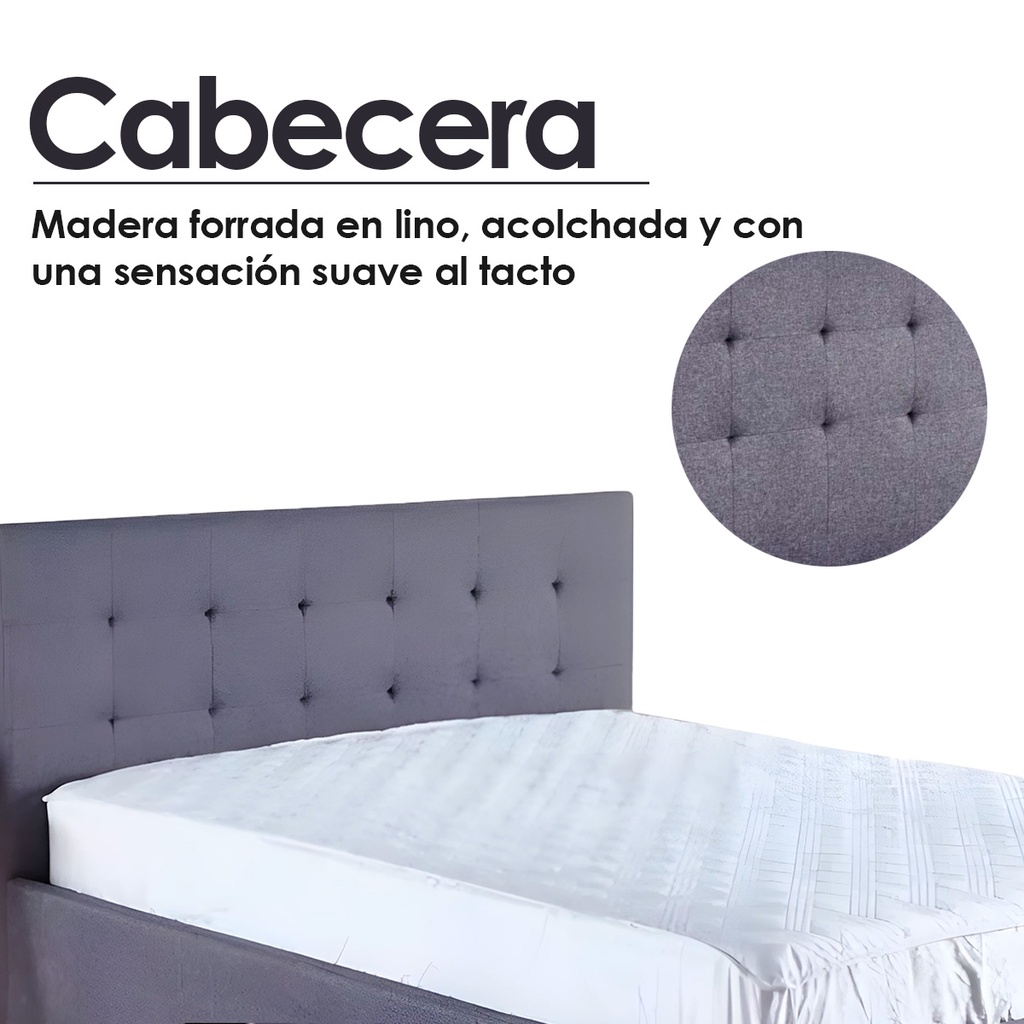Base Con Cabecera Cama-PD054 de Madera King Lino Color Gris