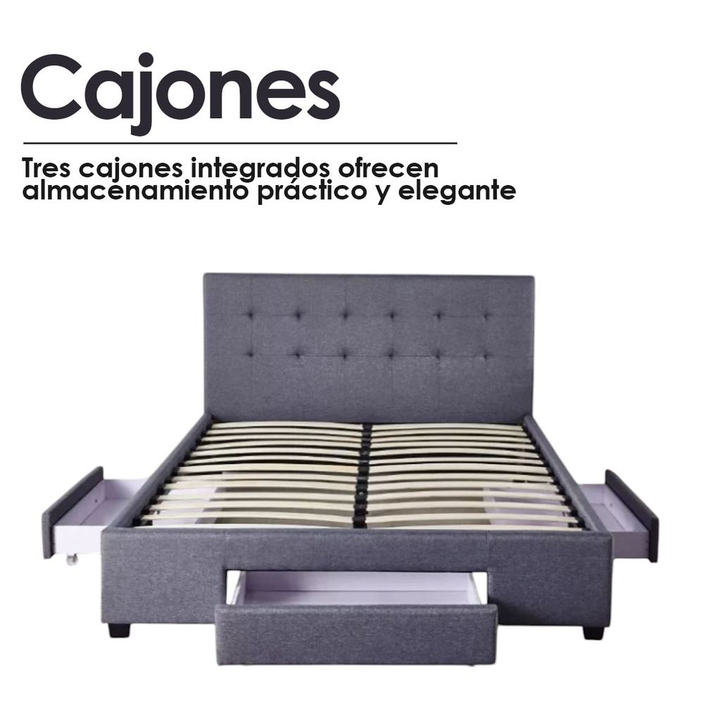 Base Con Cabecera Cama-PD054 de Madera King Lino Color Gris