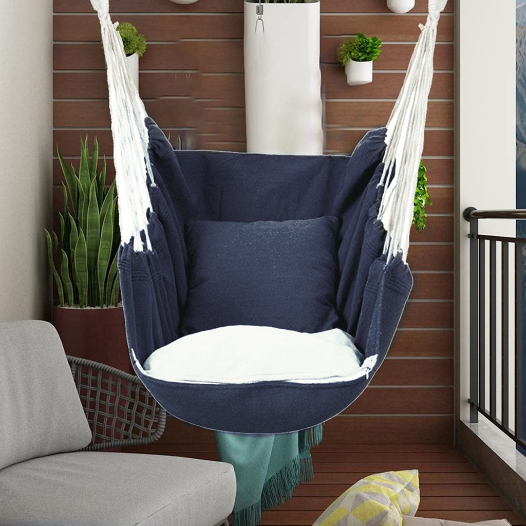 Silla colgante de algodón con cojín para exteriores e Interiores Azul marino