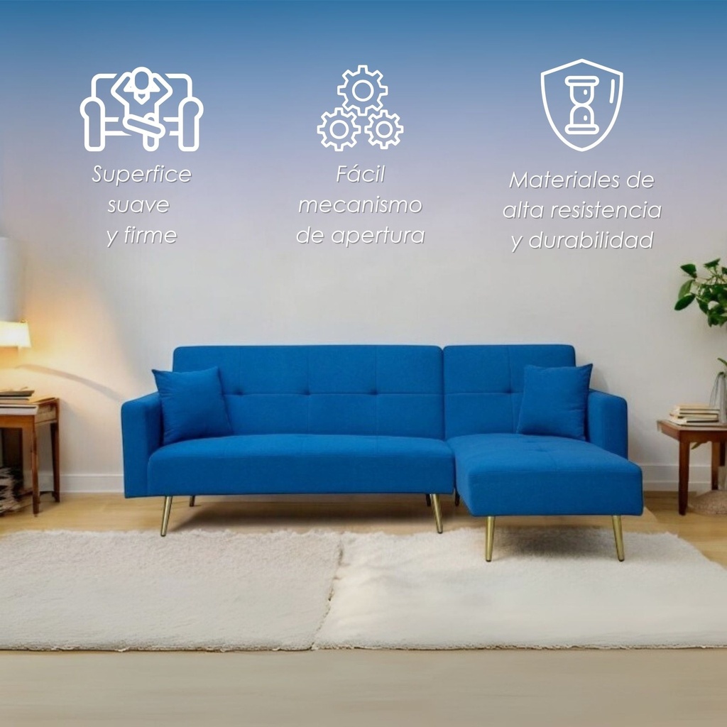 Sofa Cama 4 Plazas en L con antebrazos Azul
