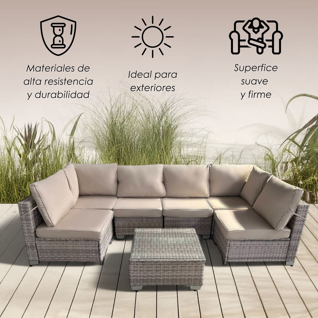 Juego de sala esquinera para jardín de mimbre exteriores para 6 personas color gris