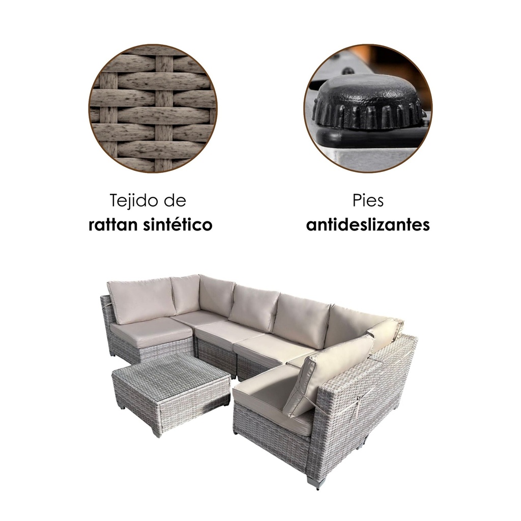 Juego de sala esquinera para jardín de mimbre exteriores para 6 personas color gris