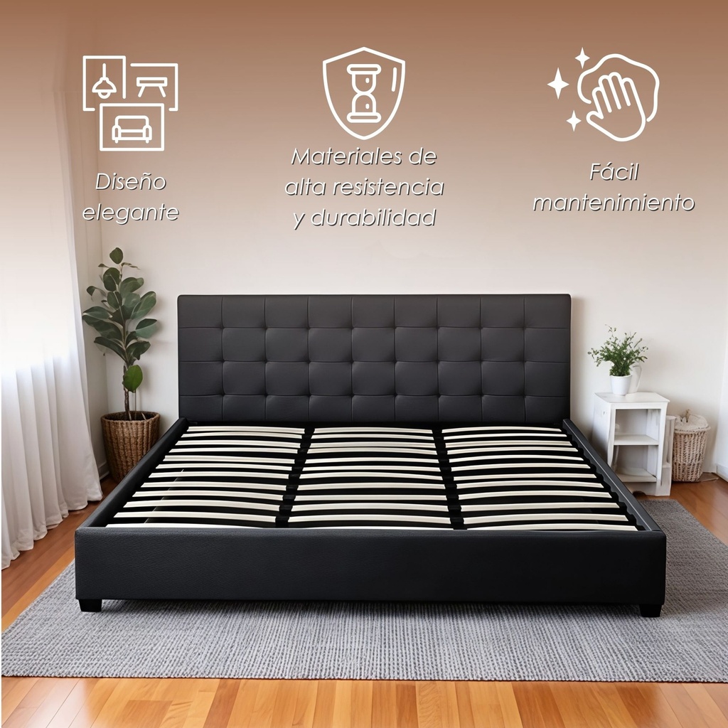 Base Con Cabecera Cama-PD054 de Madera King Lino Color Negro