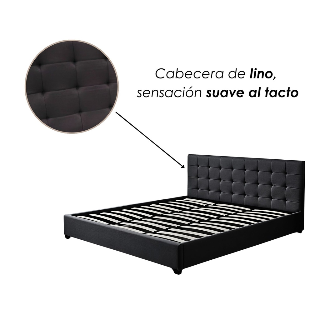 Base Con Cabecera Cama-PD054 de Madera King Lino Color Negro