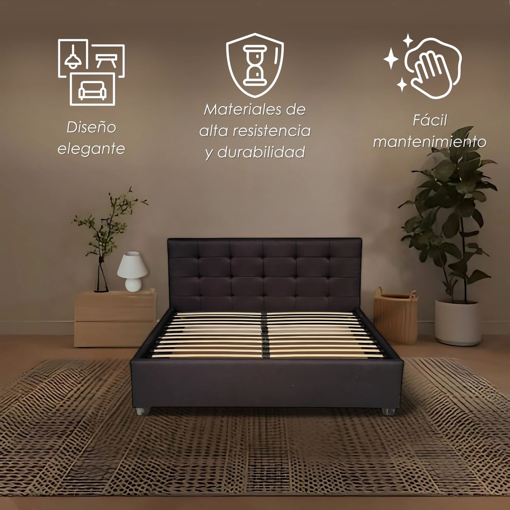 Base Con Cabecera Cama-PD054 de Madera Matrimonial Lino Color Negro