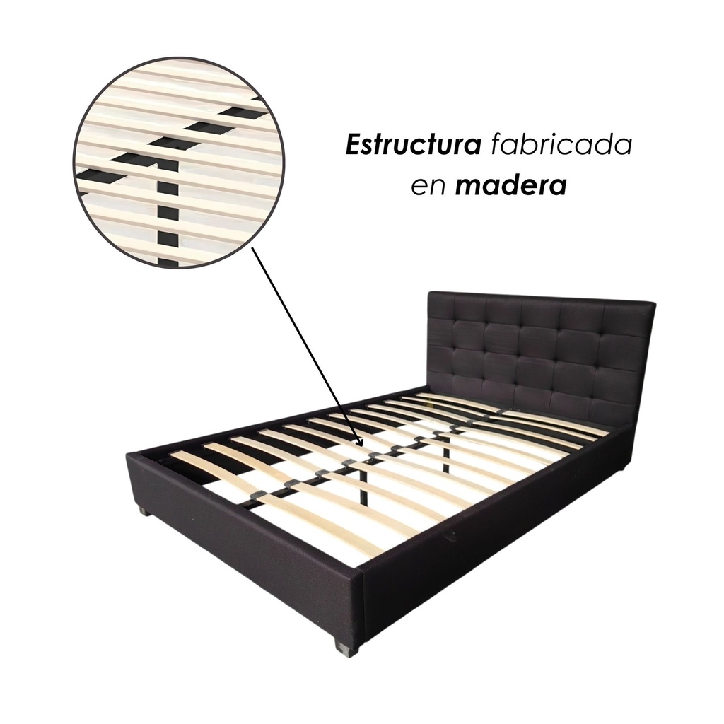 Base Con Cabecera Cama-PD054 de Madera Matrimonial Lino Color Negro