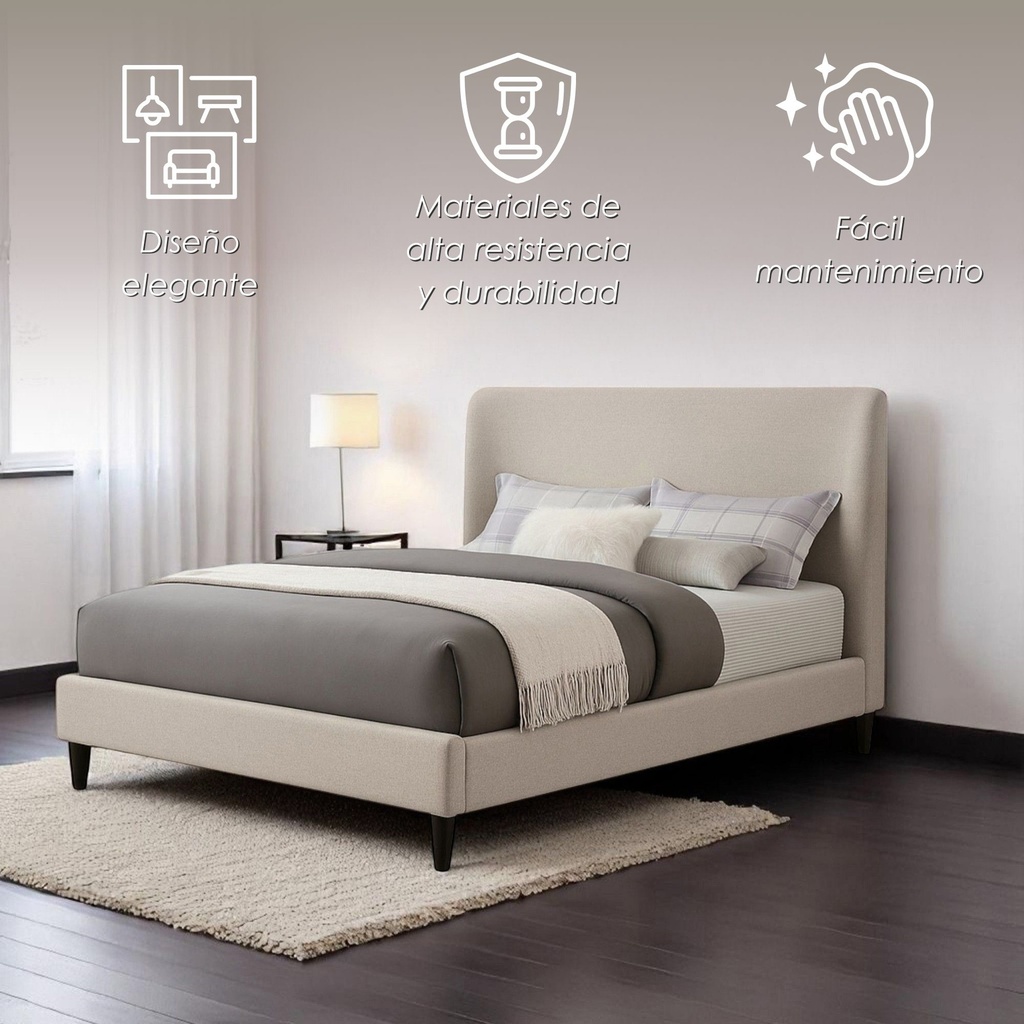 Base Con Cabecera Cama-9569 color Beige de Madera Matrimonial 