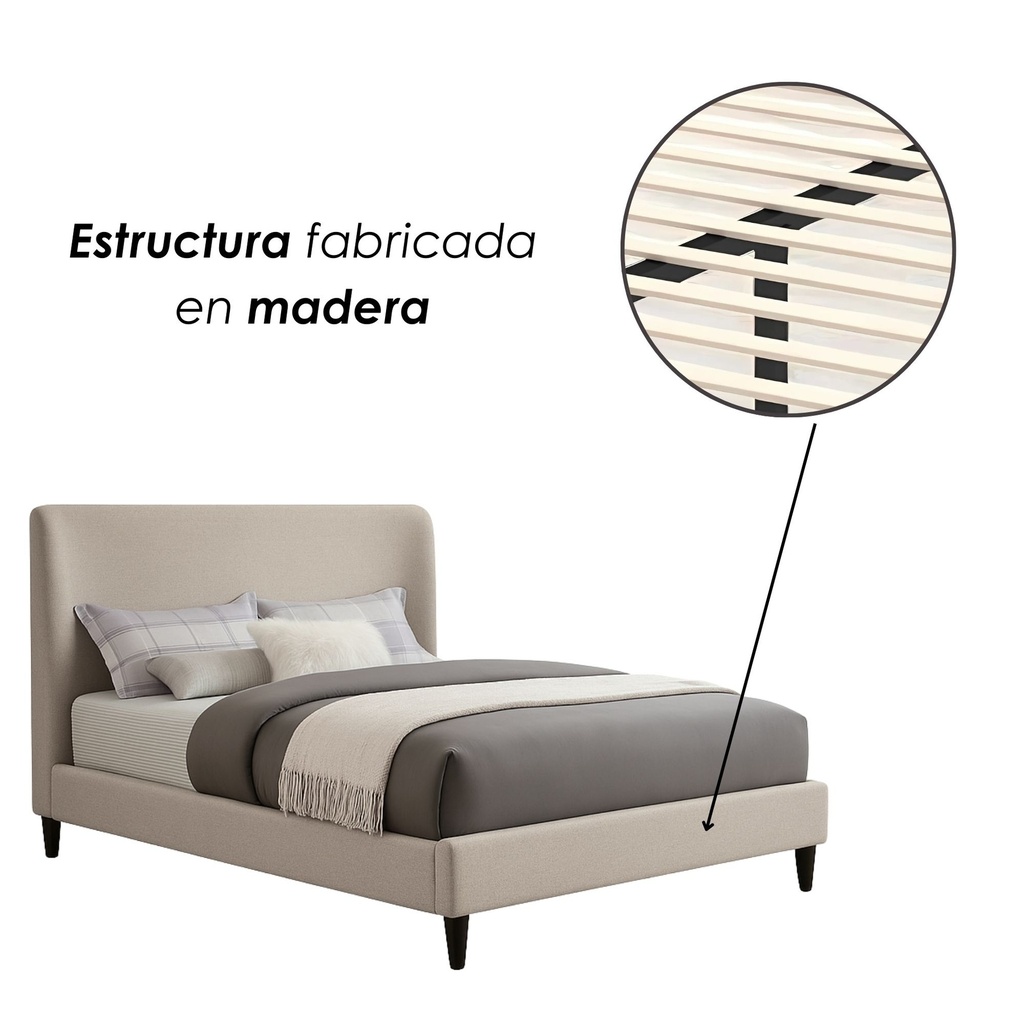 Base Con Cabecera Cama-9569 color Beige de Madera Matrimonial 