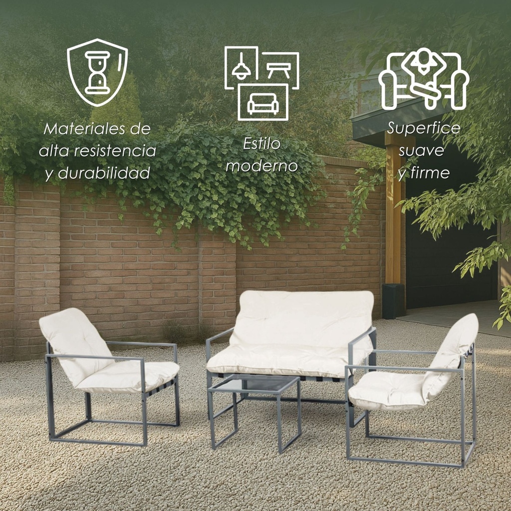 Sala de Jardín de 4 Piezas Blanca Con Marco de Acero