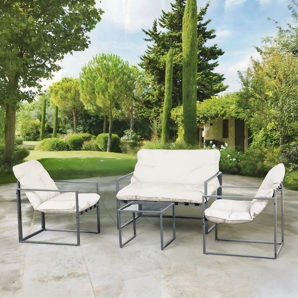 Sala de Jardín de 4 Piezas Blanca Con Marco de Acero