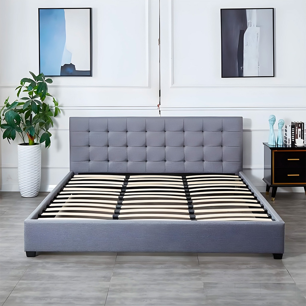 Base Con Cabecera Cama-PD054 de Madera Queen Lino Color Gris