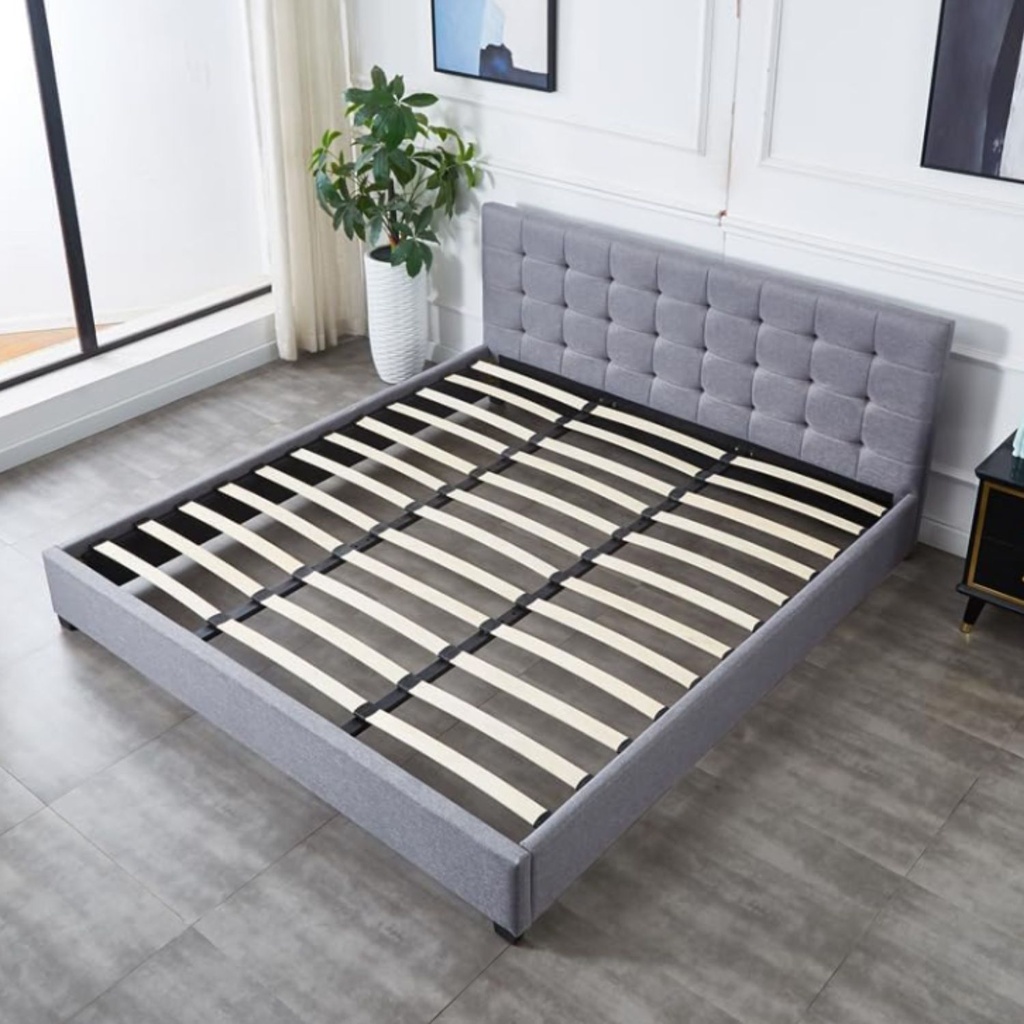Base Con Cabecera Cama-PD054 de Madera Queen Lino Color Gris