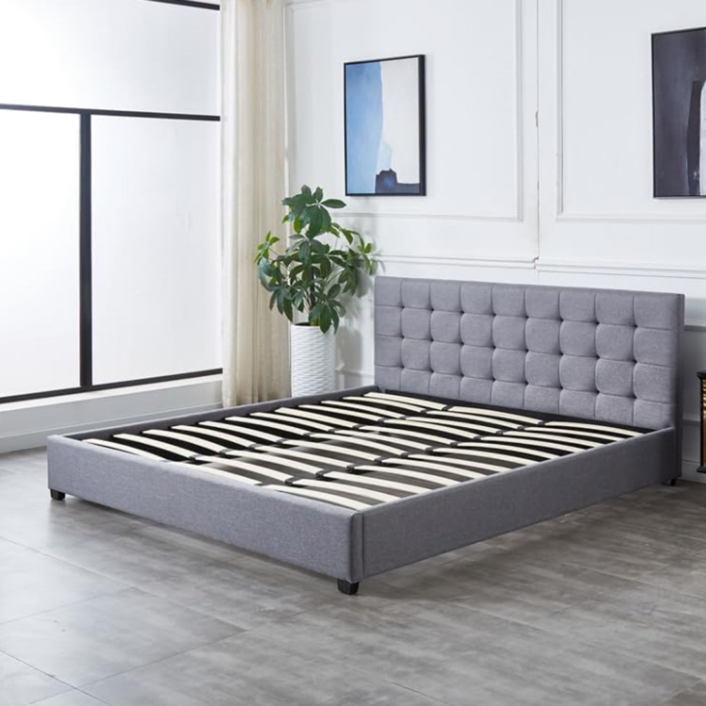 Base Con Cabecera Cama-PD054 de Madera Queen Lino Color Gris