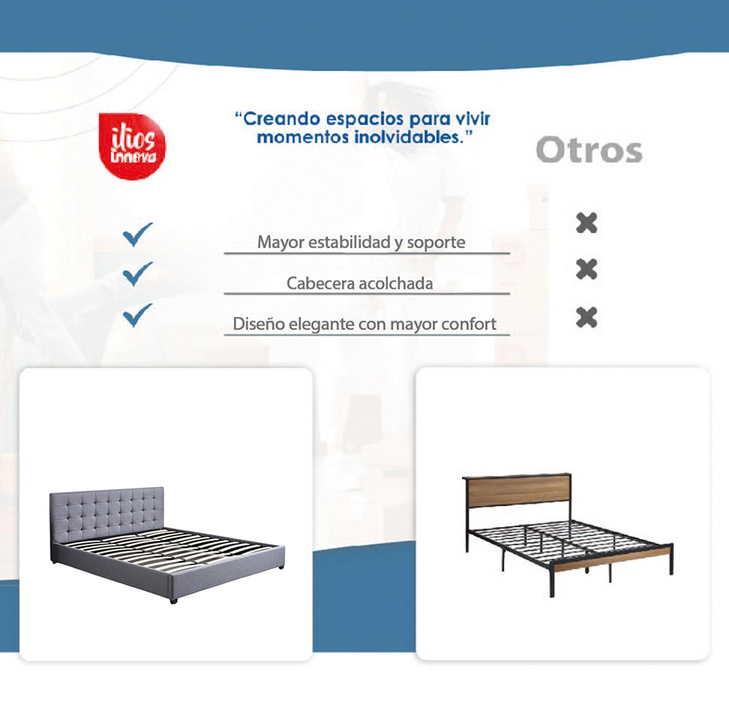 Base Con Cabecera Cama-PD054 de Madera Queen Lino Color Gris