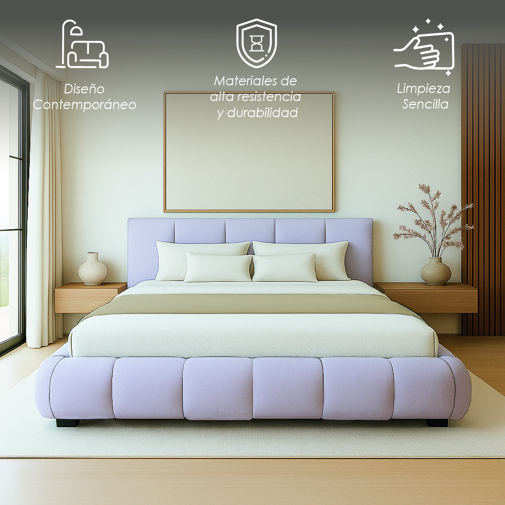 Base Con Cabecera Cama-9524 de Madera Matrimonial Color Azul