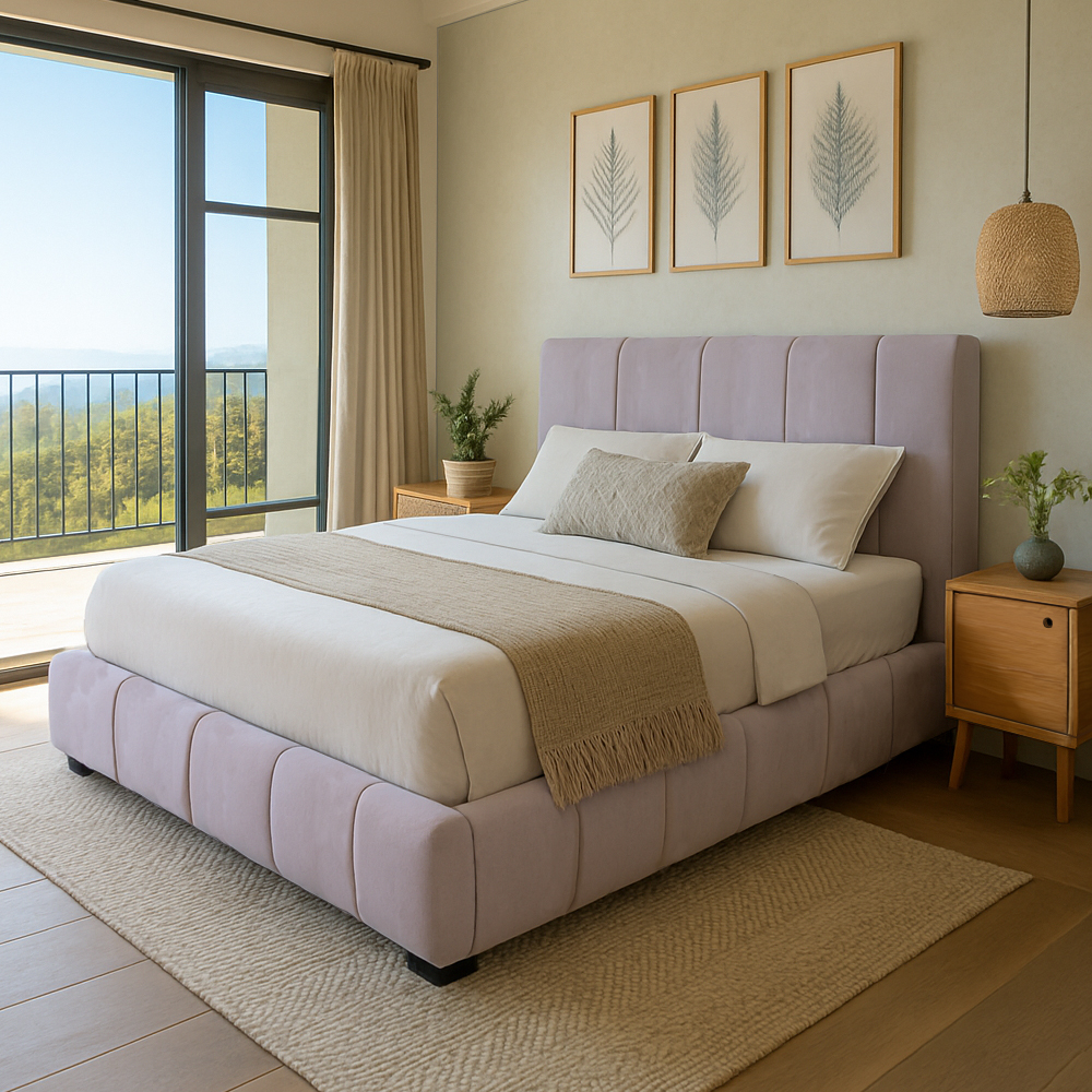 Base Con Cabecera Cama-9524 de Madera Matrimonial Color Azul