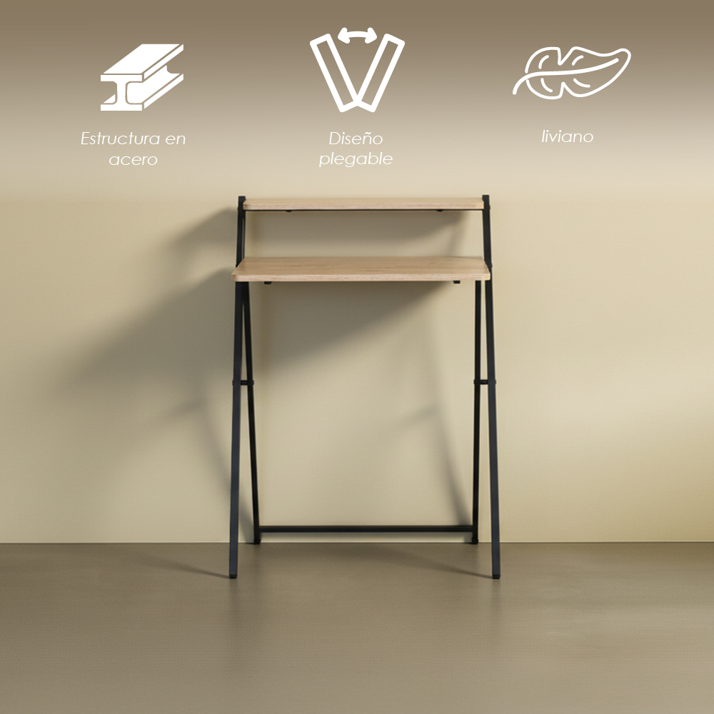 Escritorio minimalista plegable y compacto con repisa