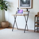 Escritorio minimalista plegable y compacto con repisa