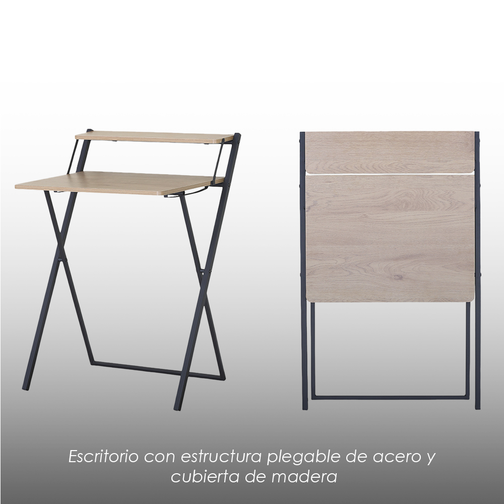 Escritorio minimalista plegable y compacto con repisa