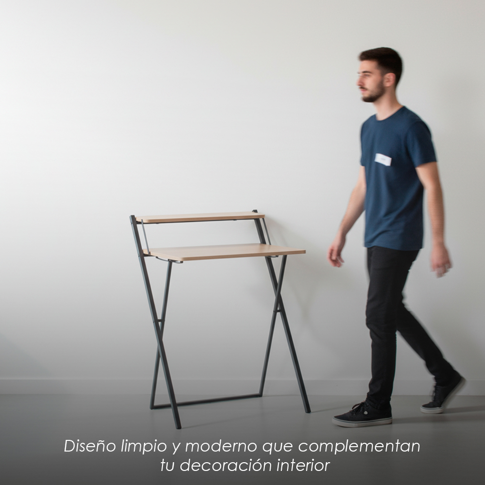 Escritorio minimalista plegable y compacto con repisa