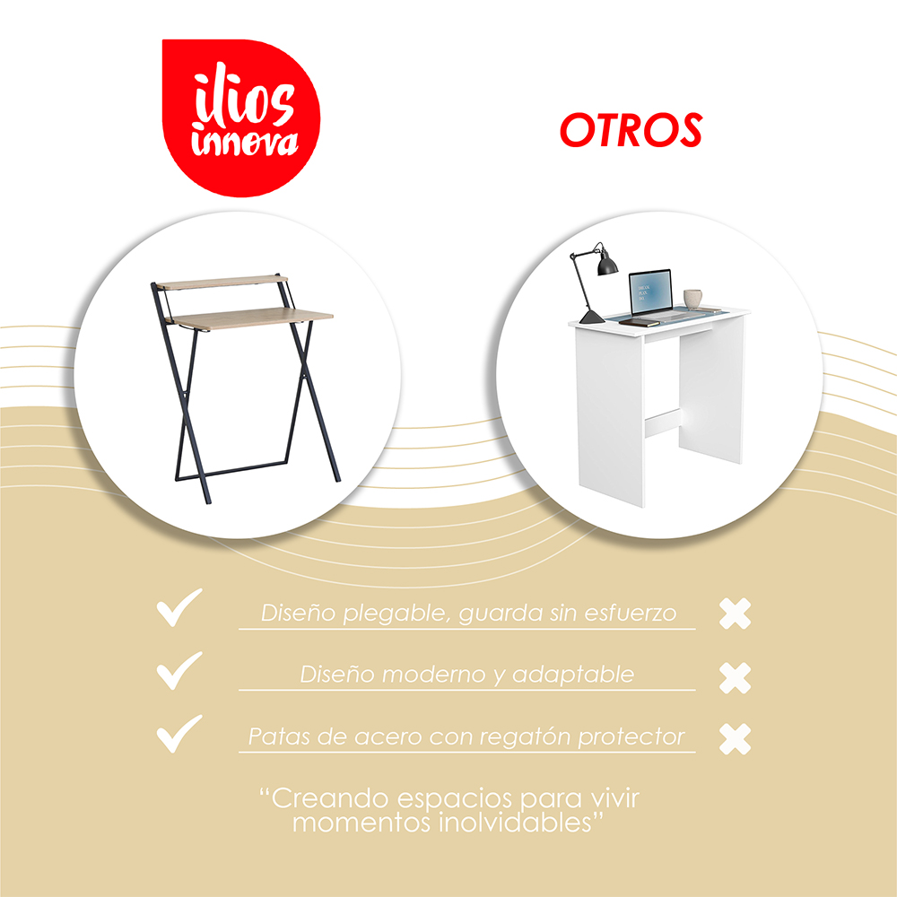 Escritorio minimalista plegable y compacto con repisa