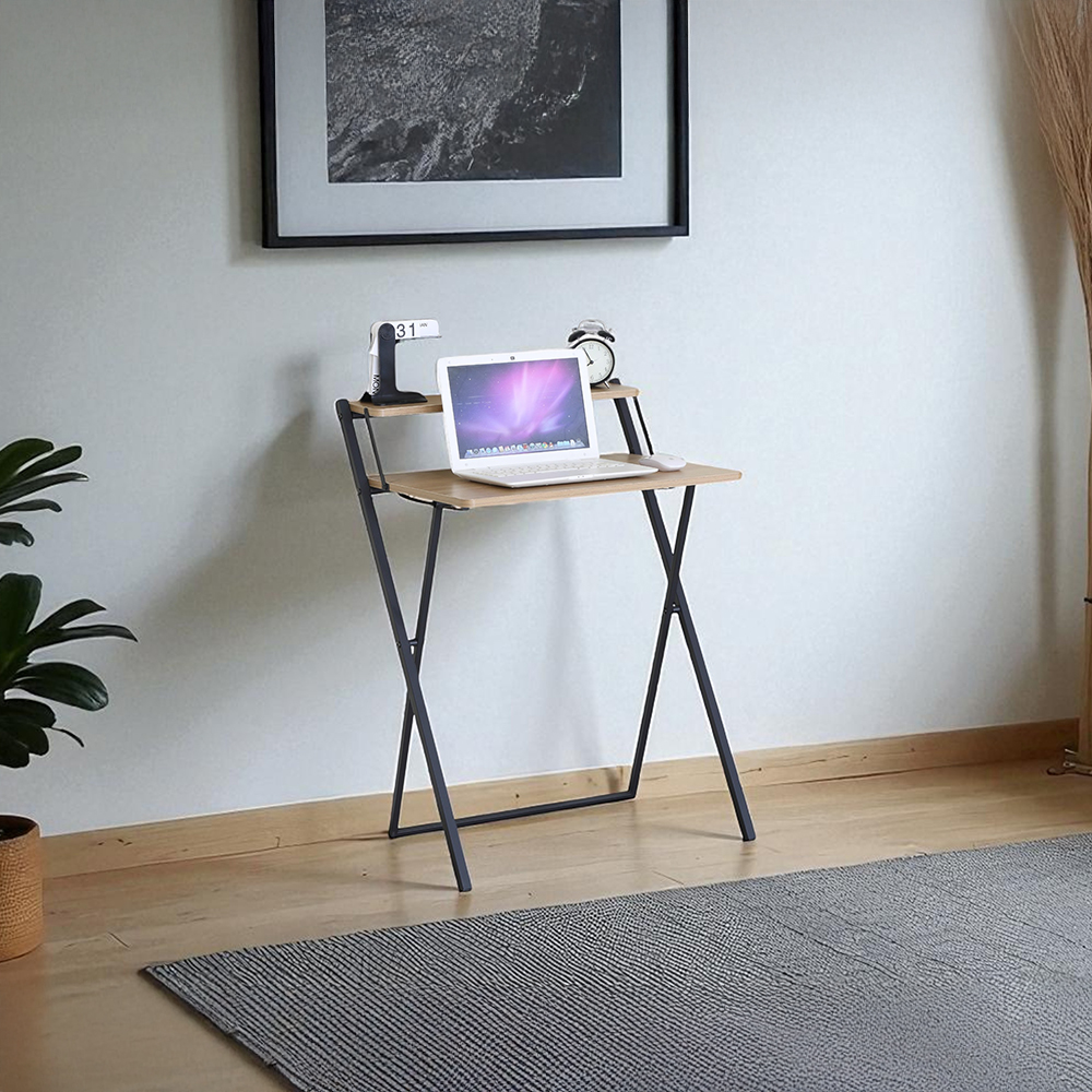 Escritorio minimalista plegable y compacto con repisa