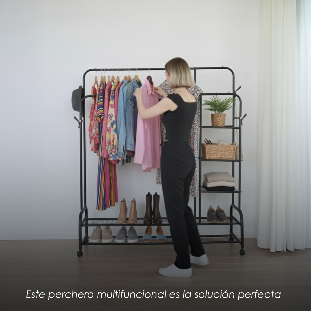 Perchero metálico con zapatera y estantes