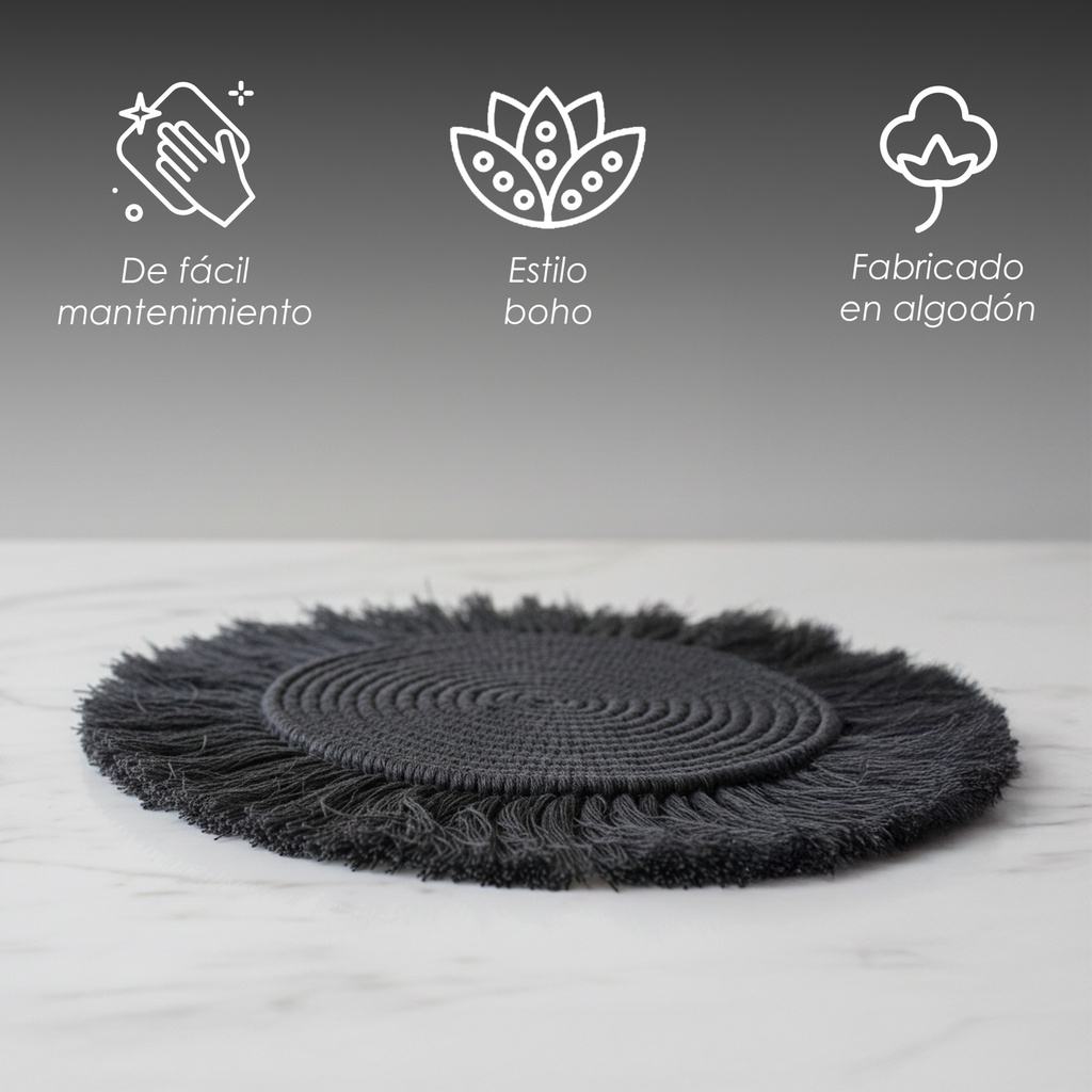 Paquete 4 Manteles Redondos Boho Macramé Negro