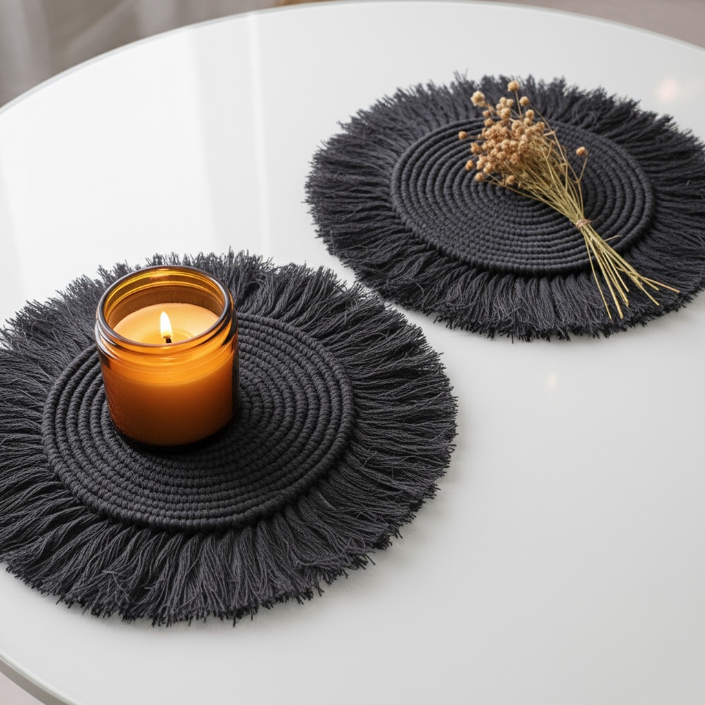 Paquete 4 Manteles Redondos Boho Macramé Negro