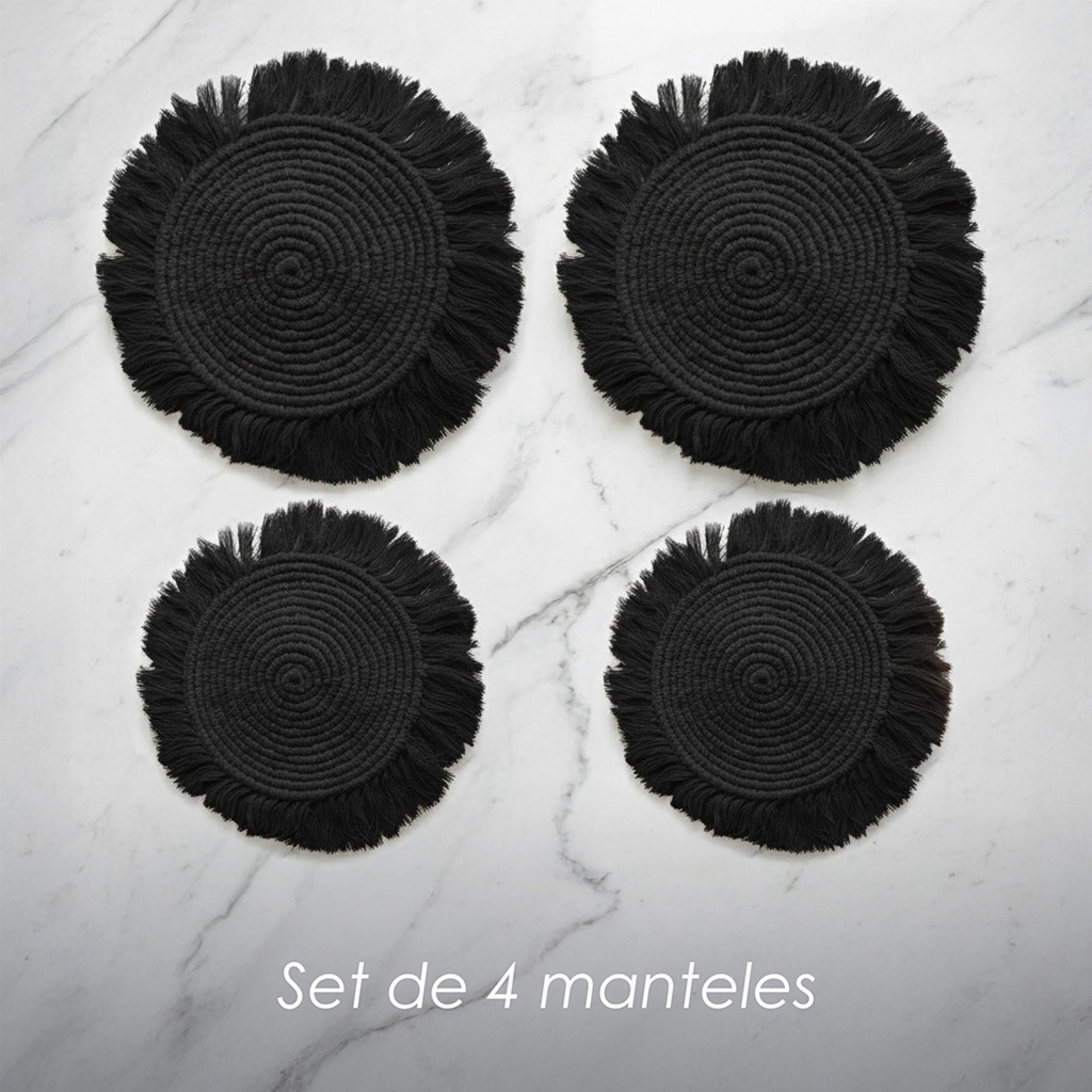 Paquete 4 Manteles Redondos Boho Macramé Negro